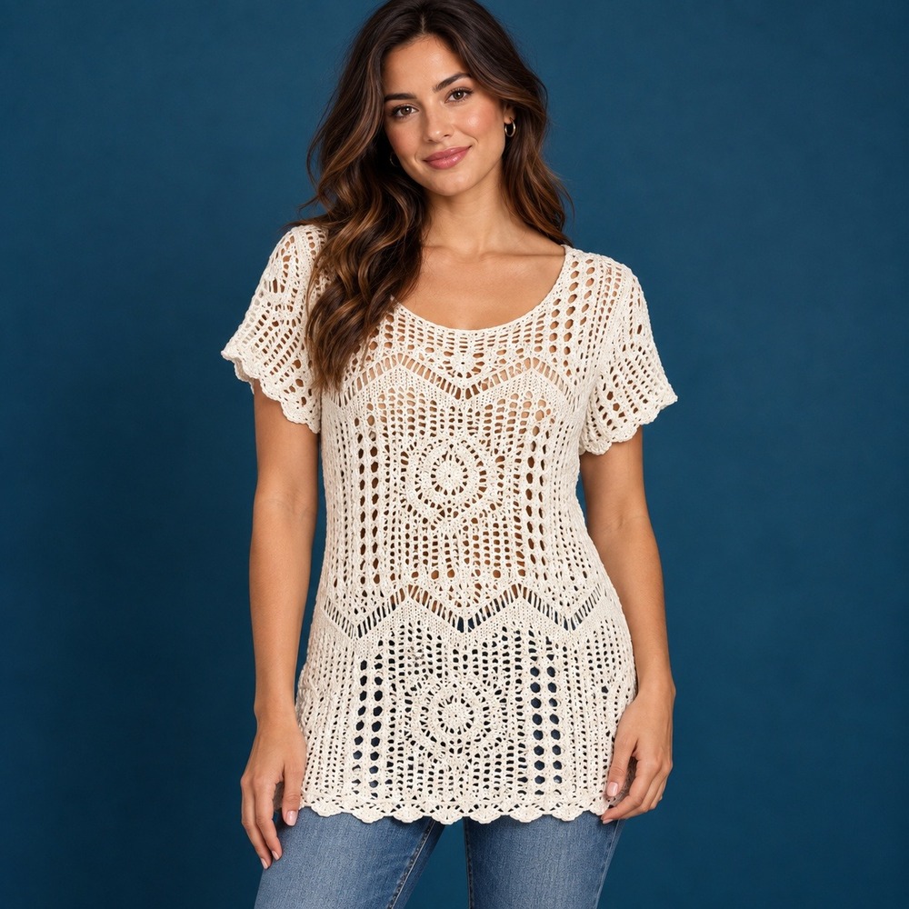 One World White Crochet Knit Top Boho Grandmacore Layering Beach Petite Small PS
